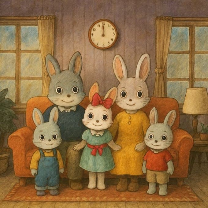 Crayon style family portrait on a sofa: Dad in a navy sweater, Mom in a yellow dress, Lily in a teal dress with a red bow, Max in a yellow shirt and blue overalls, and Tom in a red shirt and khaki shorts