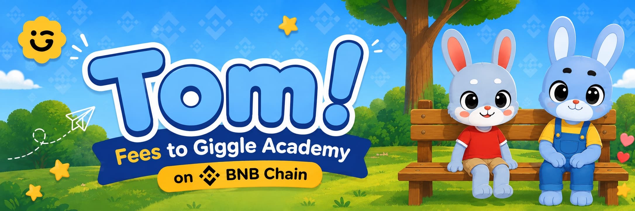 Illustrated banner reading Tom, fees to Giggle Academy on BNB Chain, with Tom and Max sitting on a park bench under a tree
