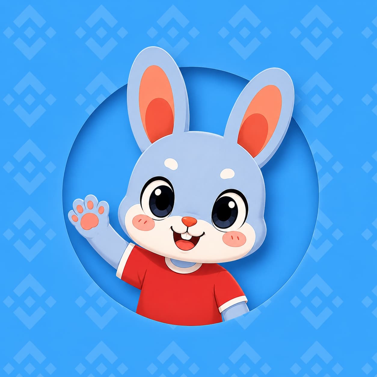 Tom, a small grey blue bunny in a red shirt, waving hello on a blue BNB Chain background